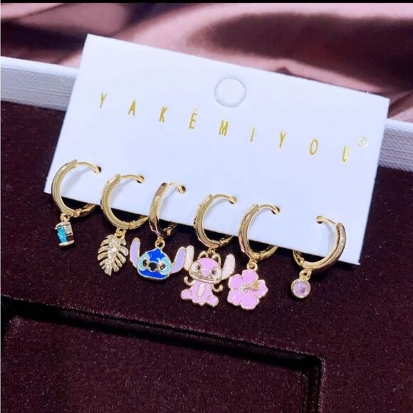 14K Gold Plated Lilo & Stutch Theme Earrings Huggie Hoop Dangle Mismatch… - Picture 3 of 6